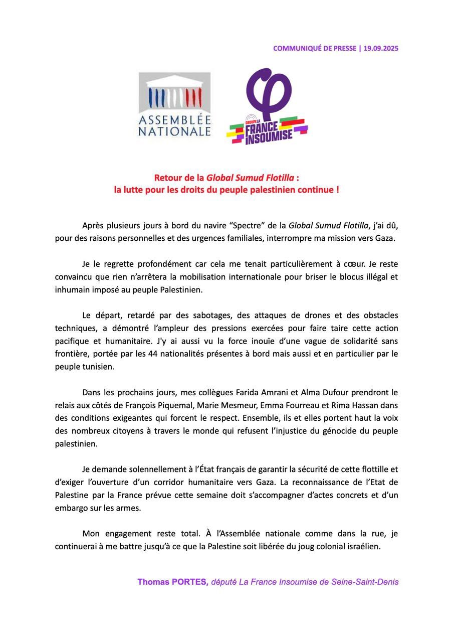 Image for the event titled: Thomas Portes (LFI) Statement calling GSF protection by France