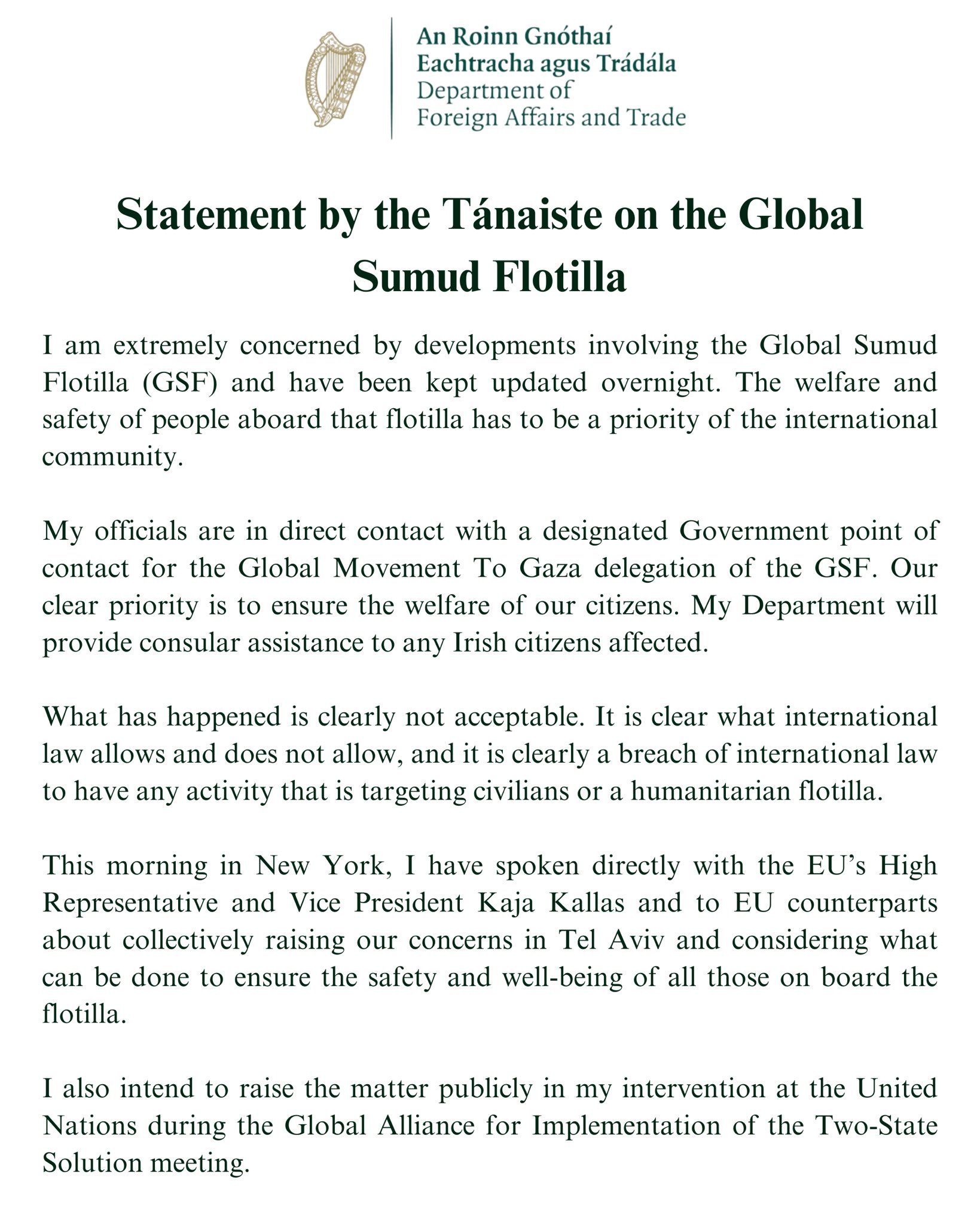 Image for the event titled: Statement byt the Irish Tanaiste (foreign affairs and trade)