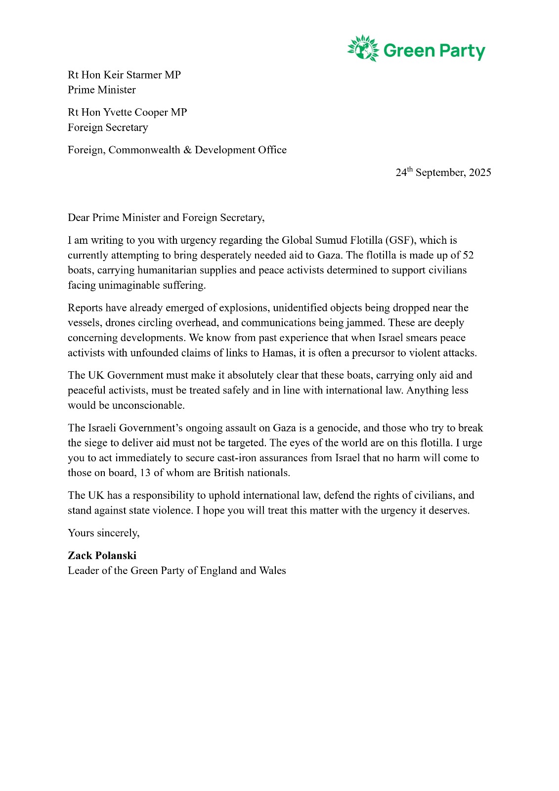 Image for the event titled: Green parti call to UK Prime Minister