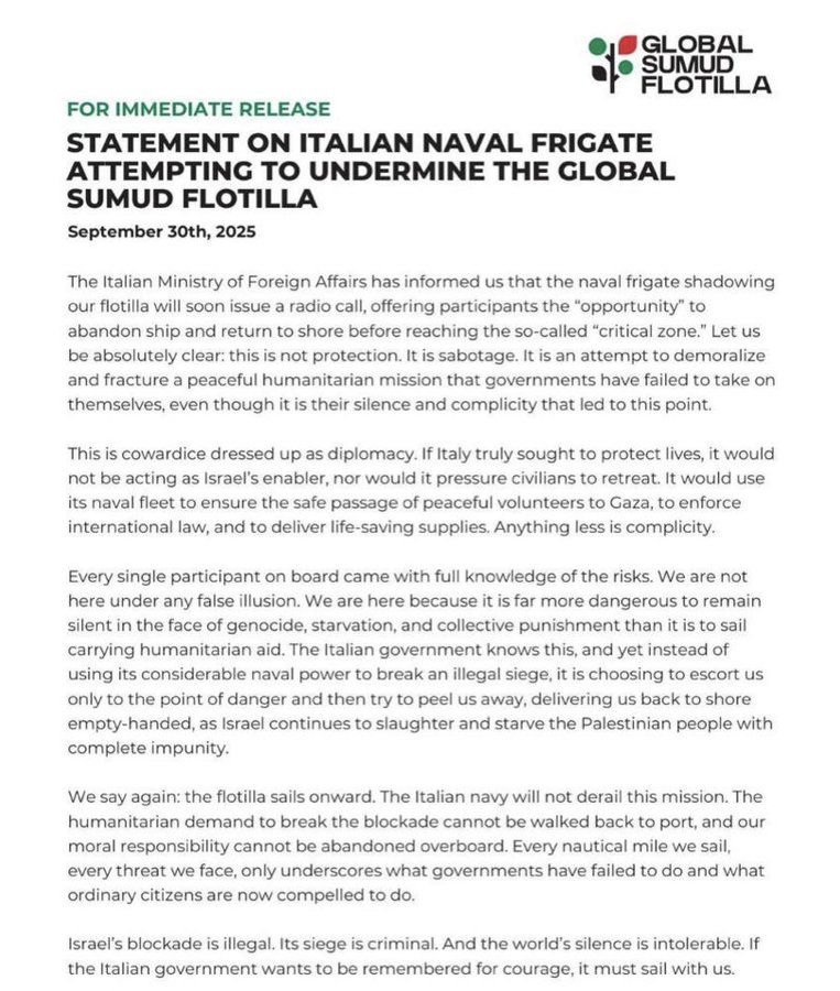 Image for the event titled: Statement on Italian naval fregate attempting to undermine the Global Sumud Flotilla Sept 30