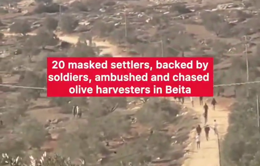 Thumbnail preview image for the video titled: In Beita, Israeli soldiers informed harvesters that settlers would arrive soon and that they would do nothing to protect them