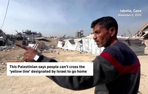 Thumbnail preview image for the video titled: People can't cross the ‘yellow line’ designated by Israel to go home