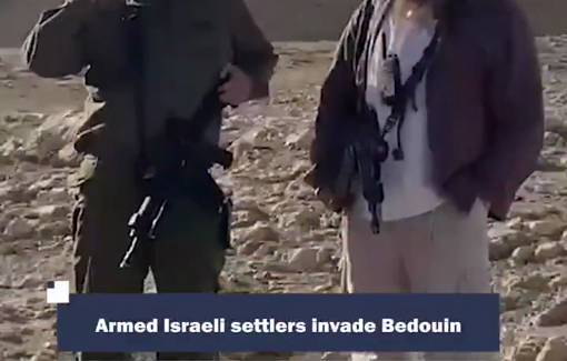 Thumbnail preview image for the video titled: Armed Israeli settlers invade the Hathrora Bedouin community in Al-Khan Al-Ahmar in occupied Jerusalem