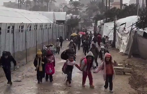 Thumbnail preview image for the video titled: Under every rain shower, a Gazan child leaves their learning tent full of dreams