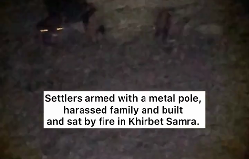 Thumbnail preview image for the video titled: In Khirbet Samra, 2 masked settlers with dogs and a metal pole drove an ATV onto a family’s land