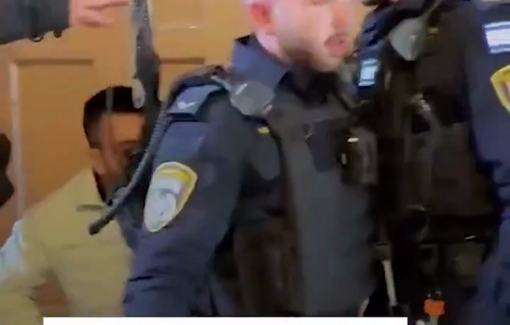 Thumbnail preview image for the video titled: Israeli forces assaulted Palestinian journalists, Tamer Al-Kilani, Diaa Haj Yahya, and Samir Abdelhadi, while they were working at Al-Aqsa Mosque