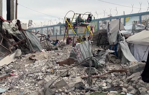 Thumbnail preview image for the video titled: Wedding music in the background, children playing among the rubble