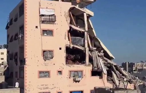 Thumbnail preview image for the video titled: A breathtaking scene of a young girl pursuing her education inside a partially destroyed high-rise building