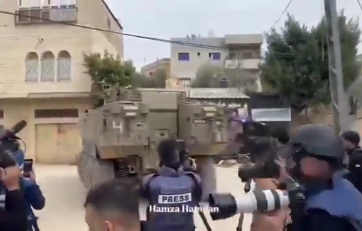 Thumbnail preview image for the video titled: Israeli military Etan armored vehicles pursued Palestinian journalists as they covered the Israeli raid on the town of Yamun