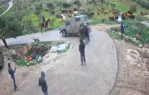 Thumbnail preview image for the video titled: Settlers harassed a Palestinian shepherding community and called the army, which quickly arrived and “mingled” with them