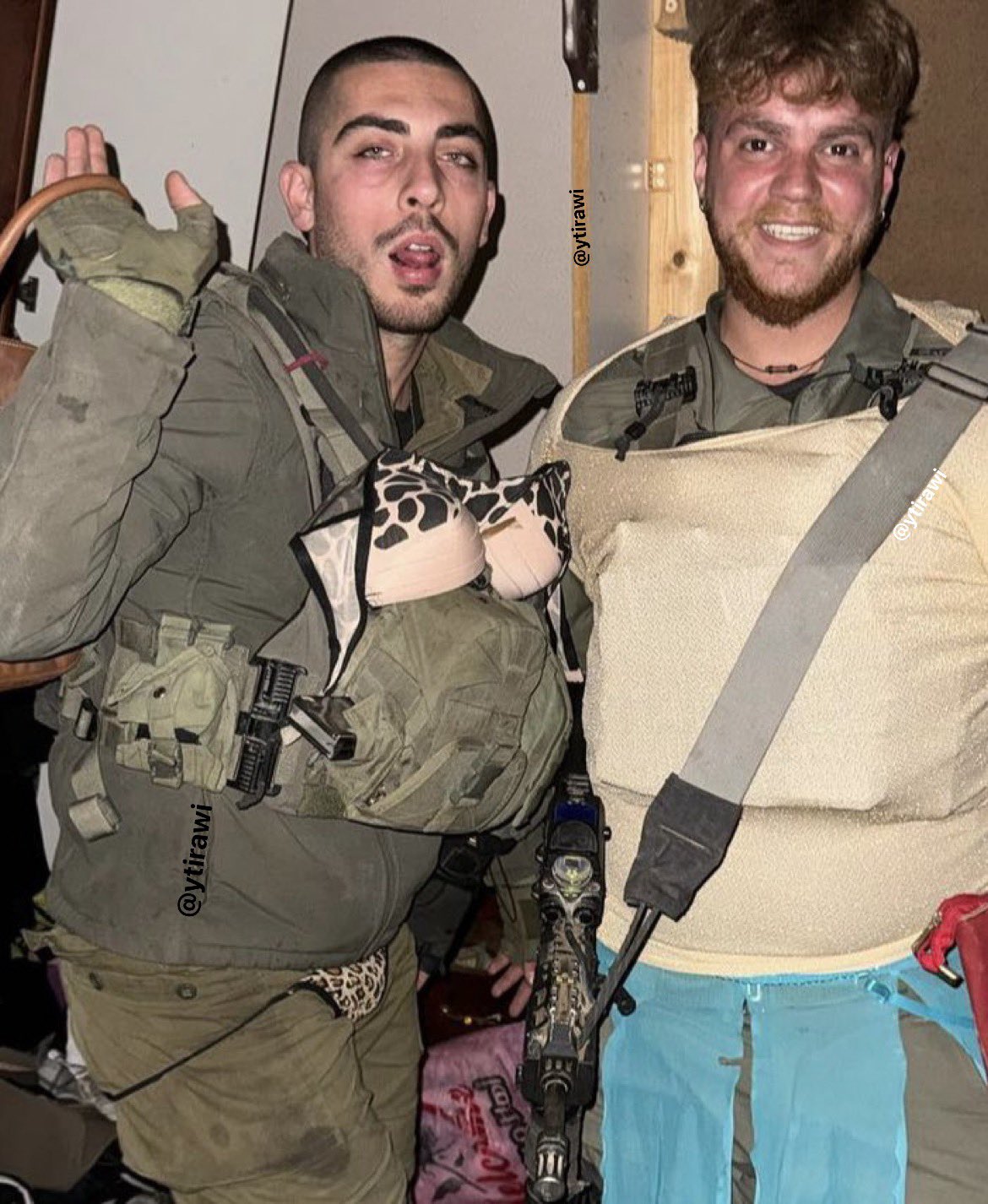 Thumbnail preview image for the video titled: Officers of the Golani Brigade displaying lingerie belonging to Palestinian women in Gaza City