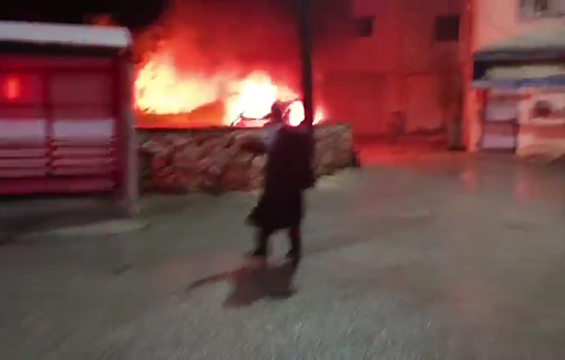 Thumbnail preview image for the video titled: Israeli gangs of settlers attacking the village of Jalud, burning down the municipality building, and attempting to burn two families alive inside their house