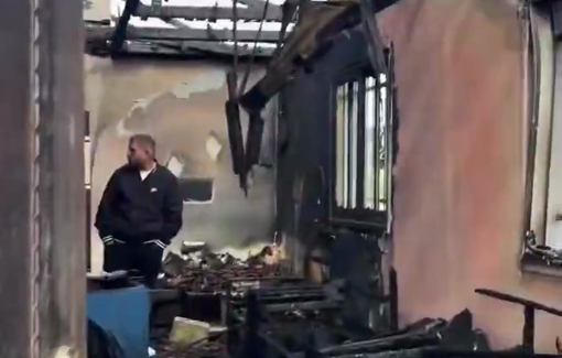 Thumbnail preview image for the video titled: Palestinians inspect a home which was burned by Israeli settlers during an pgrom on the village of al-Funduqiya