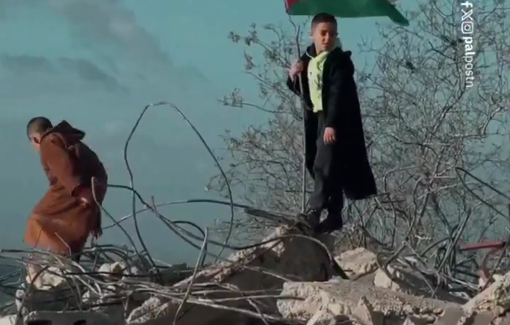 Thumbnail preview image for the video titled: A palestinian flag planted on the rubble of the home of the slain Malik Salem in Bazariya village
