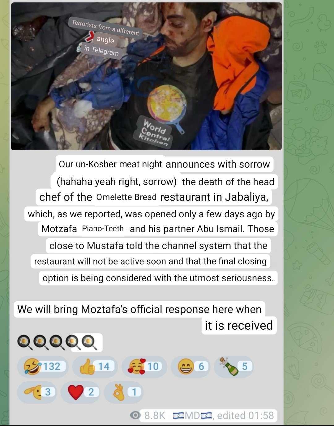 Thumbnail preview image for the video titled: Mocking messages posted by the Israeli Telegram channel "Terrorists from another angle" following the massacre of 7 WCK aid workers