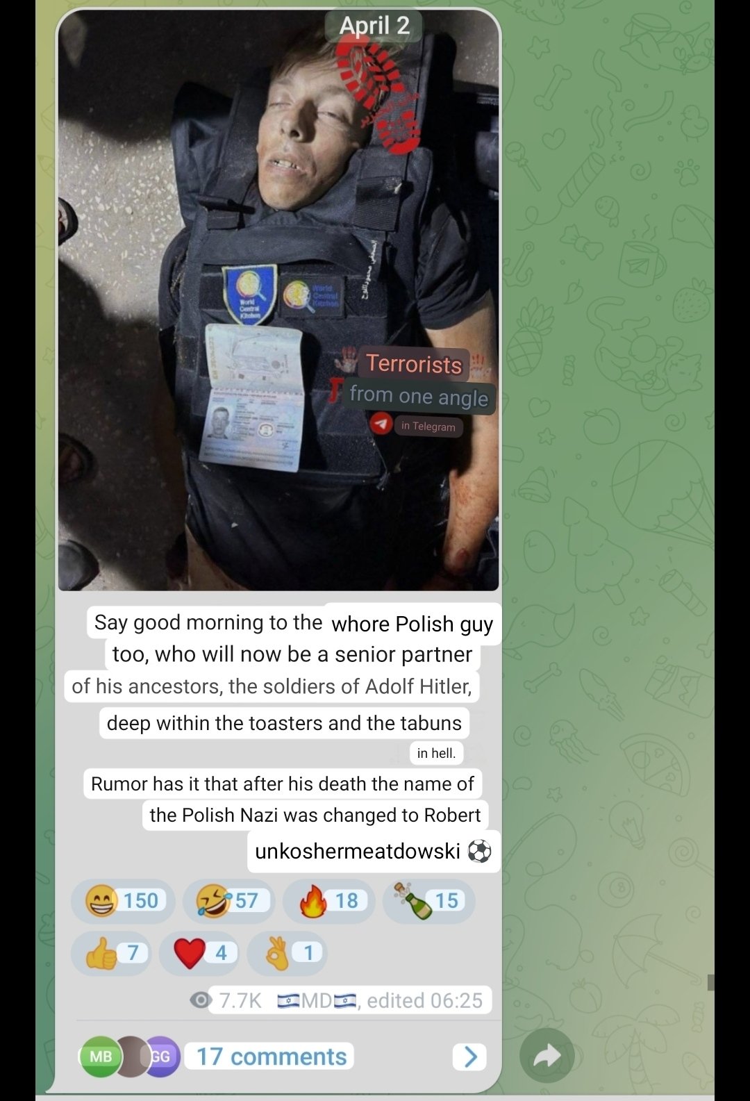 Thumbnail preview image for the video titled: Mocking messages posted by the Israeli Telegram channel "Terrorists from another angle" following the massacre of 7 WCK aid workers