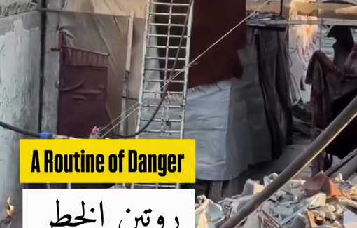 Thumbnail preview image for the video titled: Gaza child climbs down hazardous ladder to play outside amid Israel's expansive destruction of the Strip