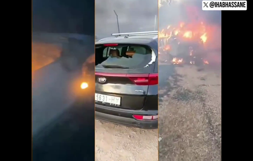 Thumbnail preview image for the video titled: Dozens of armed Israeli settlers setting vehicles on fire and attacking residents in Shuqba