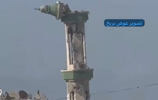 Thumbnail preview image for the video titled: Drone blows up destroyed mosque minaret in Khan Younis