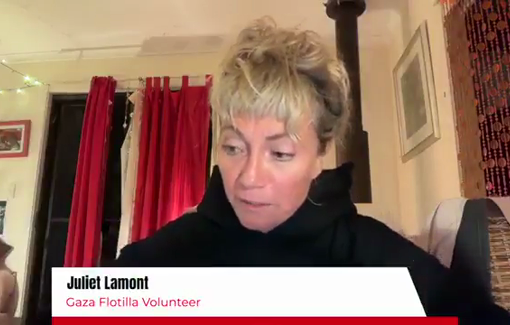 Thumbnail preview image for the video titled: Juliet Lamon, Australian documentary filmaker and GSF activist, describes how she was tortured and raped by Israeli soldiers