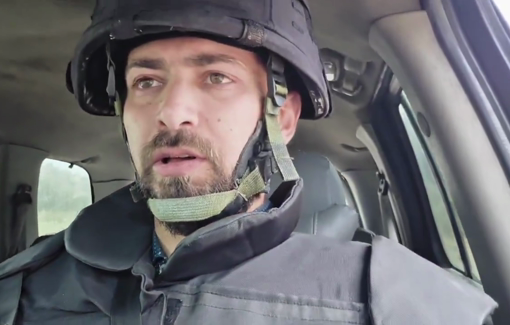 Thumbnail preview image for the video titled: Moment journalist Hadi Hoteit is attacked by a drone dropping a bomb in Kafr Tibnit