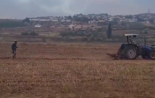 Thumbnail preview image for the video titled: In Qaryout, armed settlers are taking over Palestinian fields with threats of murder