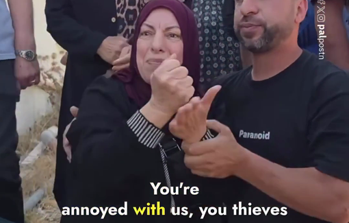 Thumbnail preview image for the video titled: "You thieves! You swindlers!" A Palestinian woman shouts at Israeli soldiers as she kneels before her home in Khirbet Qalqas