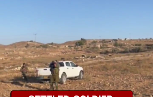 Thumbnail preview image for the video titled: Settler-soldier Betzalel Talia arrested two Palestinians herding flock on near their home in Hraibat an-Nabi