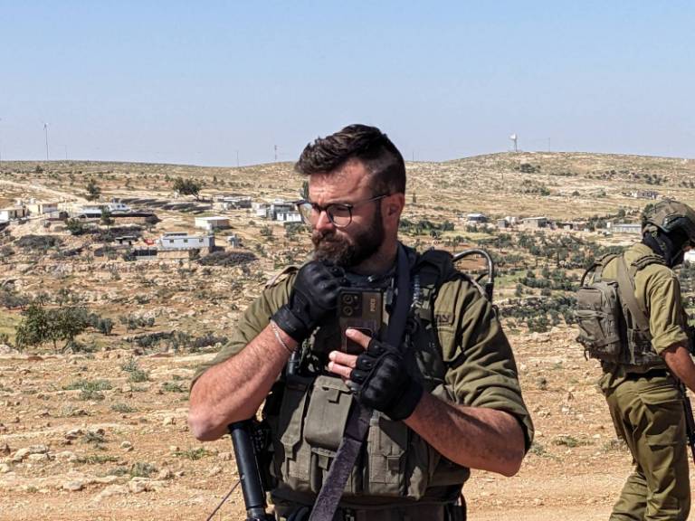 Thumbnail preview image for the video titled: Betzalel Taljah, a settler using his uniform to harrass Masafer resident