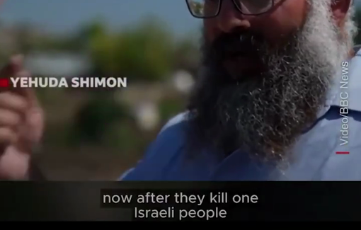 Thumbnail preview image for the video titled: Settler Yehuda Shimon to BBC: "One Jewish life is worth 10 million Palestinians"