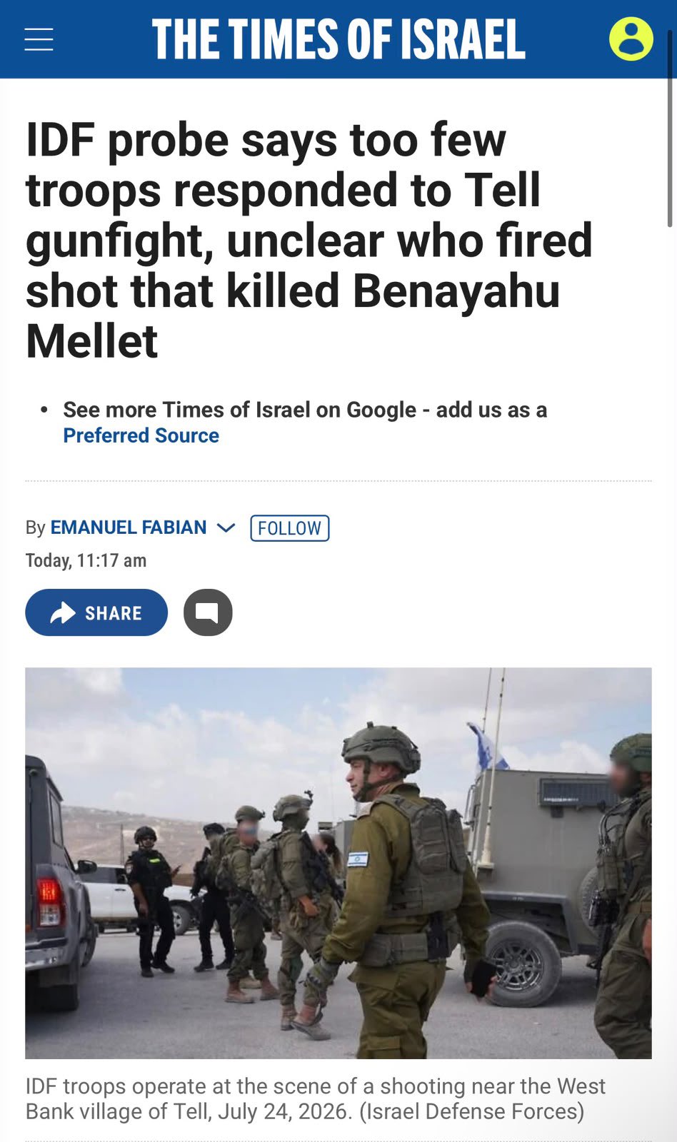 Thumbnail preview image for the video titled: Israeli military probe says Israeli soldier may have killed settler Benayahu Mellet during the Tell attack