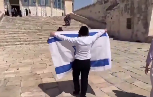 Thumbnail preview image for the video titled: Settler provocatively raises Israeli flag at Al-Aqsa mosque