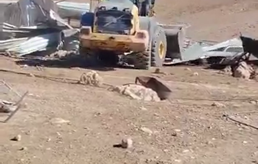 Thumbnail preview image for the video titled: Israeli civil administration demolishing two homes, two water cisterns, two sheep pens and an animal feed storage in Khirbet Fakheit
