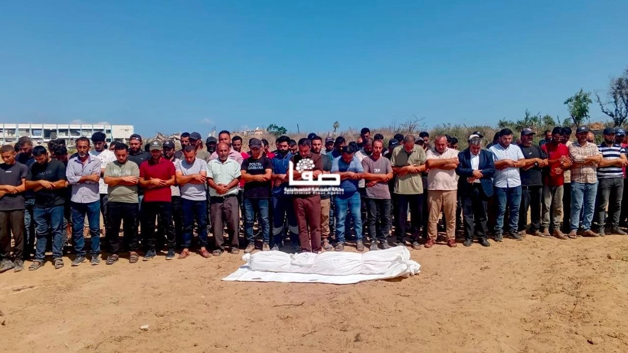 Thumbnail preview image for the video titled: Funeral prayer for Palestinians killed by Israel at Gaza Port cafe