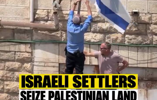 Thumbnail preview image for the video titled: Israeli settlers bulldoze Palestinian land and raise Israeli flags after seizing it in Hebron’s Old City