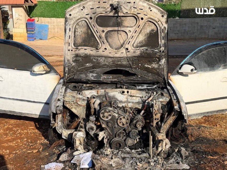 Thumbnail preview image for the video titled: Overnight, Israeli settlers setting fire to several Palestinian-owned vehicles in Beita