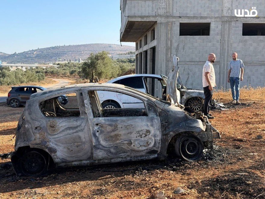 Thumbnail preview image for the video titled: Overnight, Israeli settlers setting fire to several Palestinian-owned vehicles in Beita