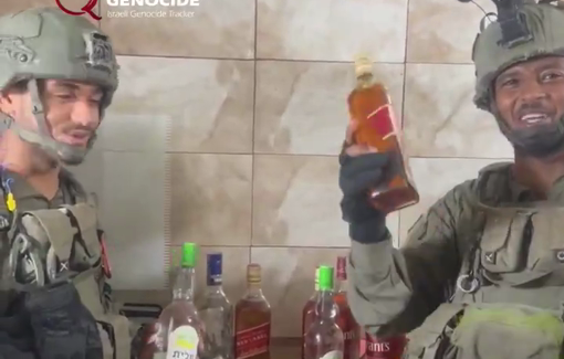 Thumbnail preview image for the video titled: IDF soldiers celebrate bringing alcohol into homes of displaced Gazans