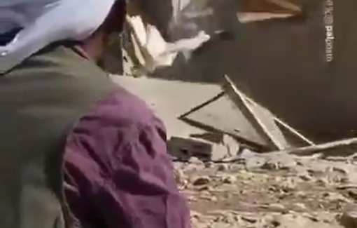 Thumbnail preview image for the video titled: Resident of Khirbet al-Fakheit helplessly watch as Israeli army bulldozers demolish their homes
