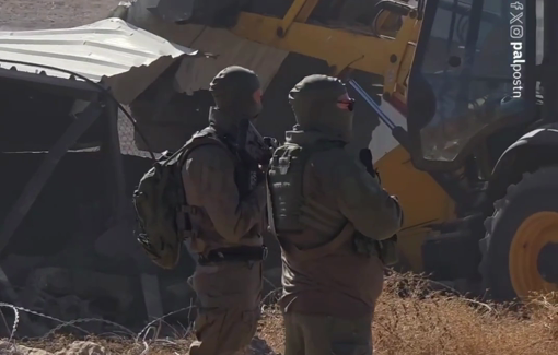 Thumbnail preview image for the video titled: An Israeli bulldozer destroys all the residential shelters in the Bedouin community of Khirbet Al-Fakheit