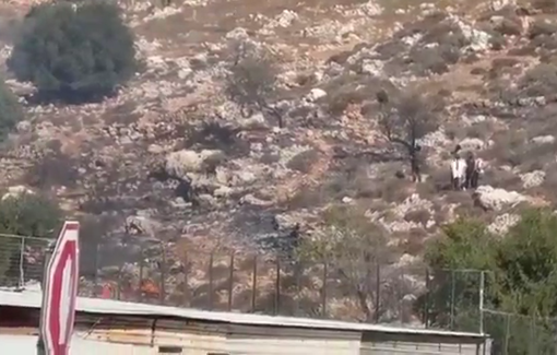 Thumbnail preview image for the video titled: Israeli settlers, backed by soldiers, prevent Palestinian Civil Defense crews from extinguishing an arson in Burqa