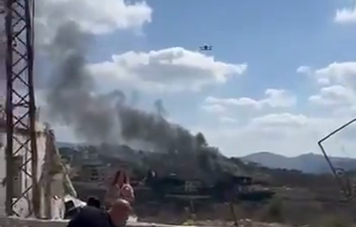 Thumbnail preview image for the video titled: An Israeli drone hovers at low altitude directly above civilians and journalists in Zawtar al-Gharbiya