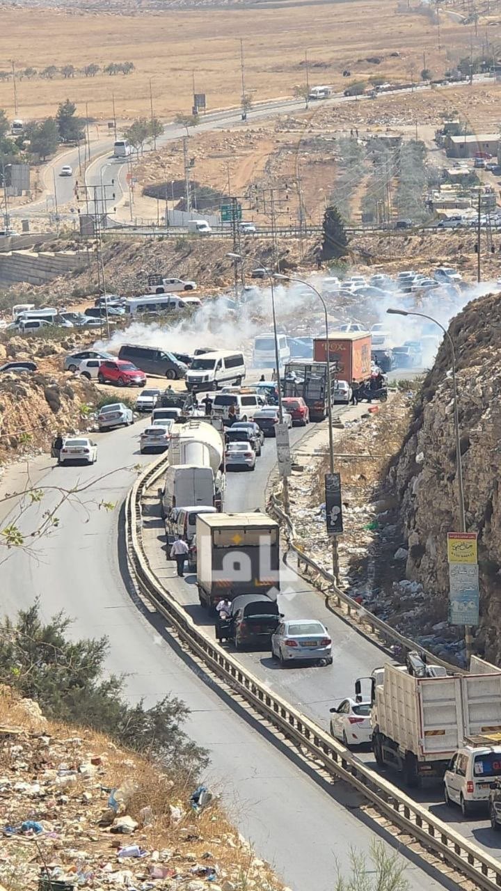 Thumbnail preview image for the video titled: Israeli forces fire tear gas at Palestinians at the Jaba’ checkpoint, northeast of Jerusalem