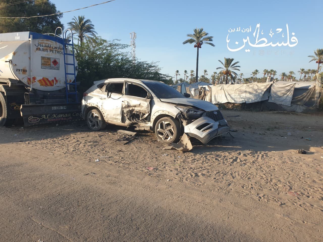 Thumbnail preview image for the video titled: Wreckage of car struck by Israeli drone on Asdaa Street in Khan Younis