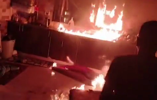 Thumbnail preview image for the video titled: Hordes of settlers set fire to the Tubasi home, and to Palestinian vehicles in Jalud