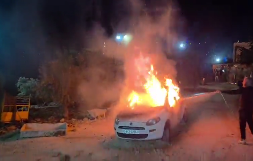 Thumbnail preview image for the video titled: Jewish settlers stormed the village of Jalud, overnight, blocking roads, setting fire to buildings and vehicles
