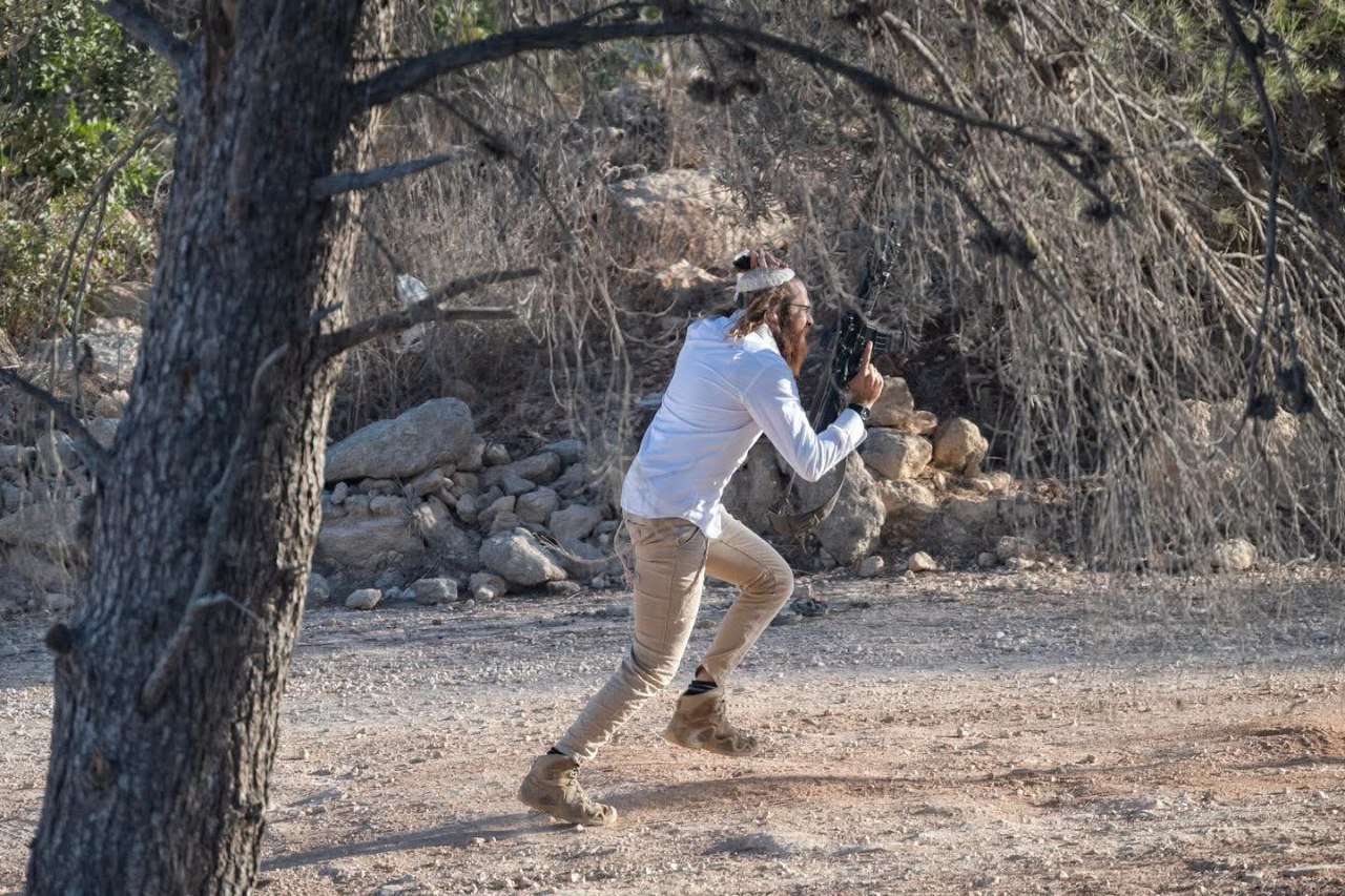 Thumbnail preview image for the video titled: An armed Jewish settler attacks farmers while they harvest olives in the Al-Dhahra area of Beita, south of Nablus