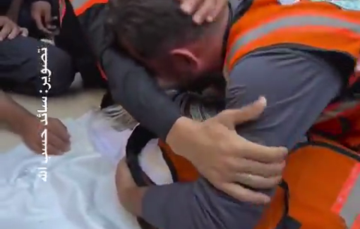 Thumbnail preview image for the video titled: Civil defense crew bid farewell to colleague Mohammed Tammous murdered by Israel in North Gaza