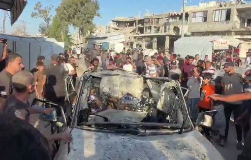 Thumbnail preview image for the video titled: Wreckage of car struck by Israeli drone in Gaza City