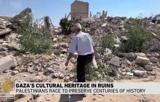 Thumbnail preview image for the video titled: Heritage guardians labor to salvage historical Gaza artifacts from the ruins of museum destroyed by Israel